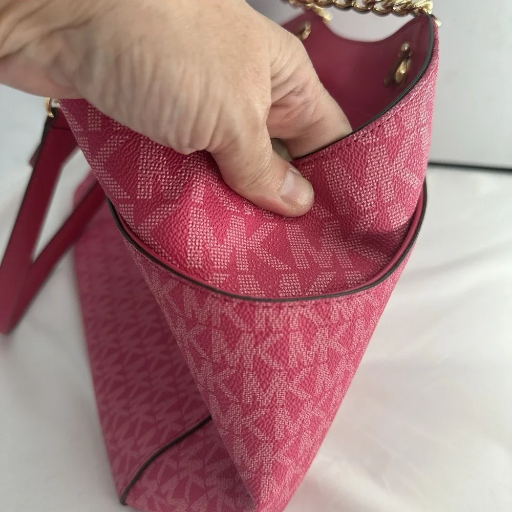 Michael Kors Jet Set Pink East West Medium Top Zip Signature Logo Leather Tote